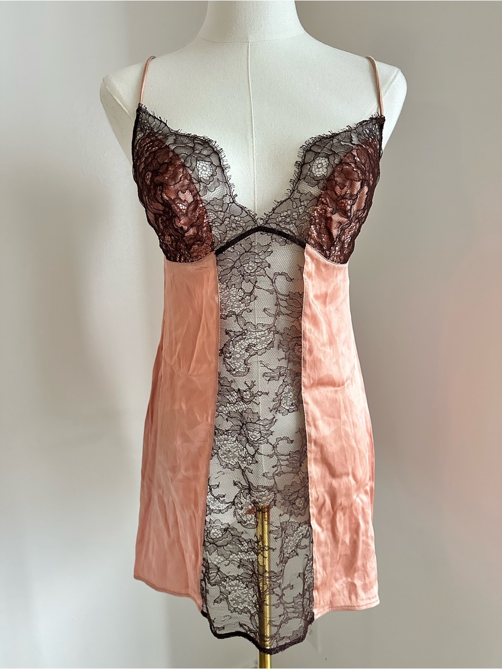 La Perla Silk & Lace Pink Chemise with Black Lace Trim